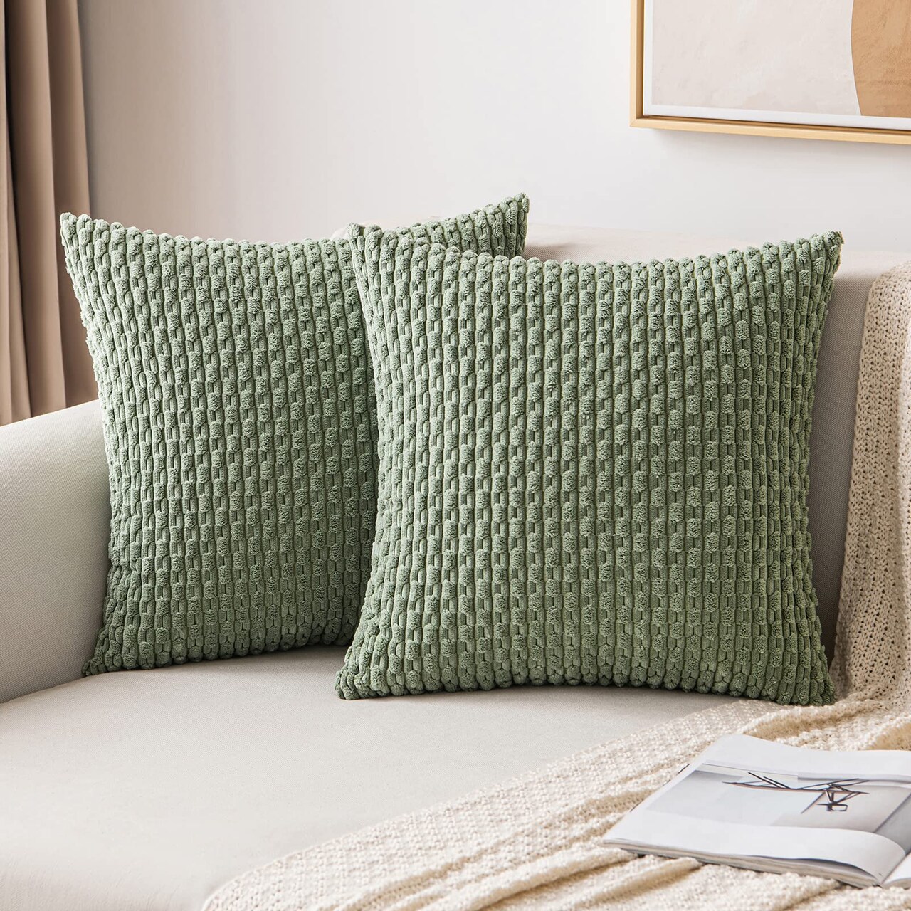 Throw Pillow Covers Soft Corduroy Decorative Set of 2 Boho Striped Pillow Covers Pillowcases Farmhouse Home Decor for Couch Bed Sofa Living Room Spring 18x18 Inch Sage Green